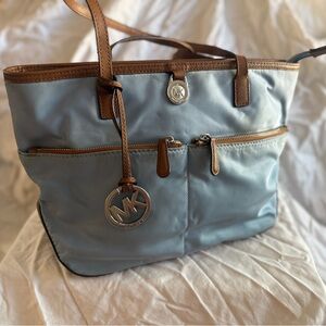 Michael Kors Tote Light Blue Nylon Tote with Brown Leather Trim